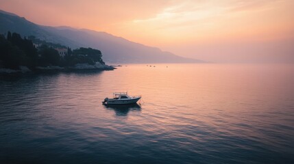 Naklejka premium A serene Mediterranean seascape at sunrise, with subdued foggy colors highlighting the peaceful morning beauty. Ideal for tourism and travel-themed imagery