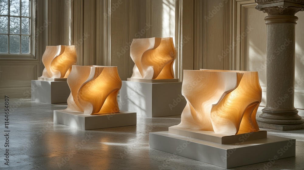 Poster abstract illuminated sculptures in a gallery setting.