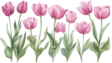 Obraz premium Fresh and Charming Set of Pink Tulips Isolated on White Background for Spring Holiday Elegance