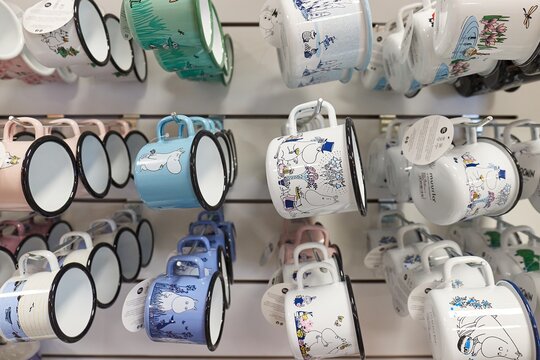Moomins themed mugs in a shop