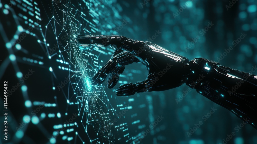 Aufkleber ai, robot, cyborg and humanoid, machine learning, ai chat, hand of robot humanoid touch a big data n