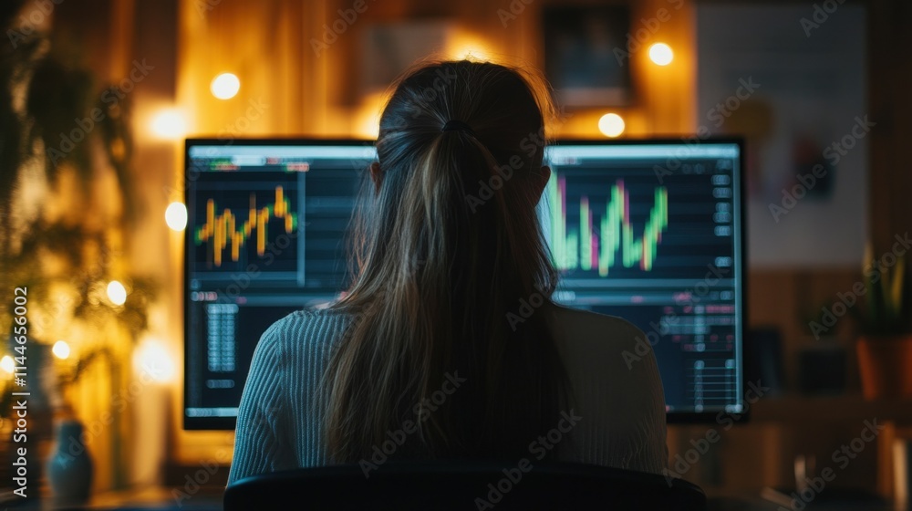 Poster back view of woman sitting at desktop front pc computer with financial graphs and statistics on moni