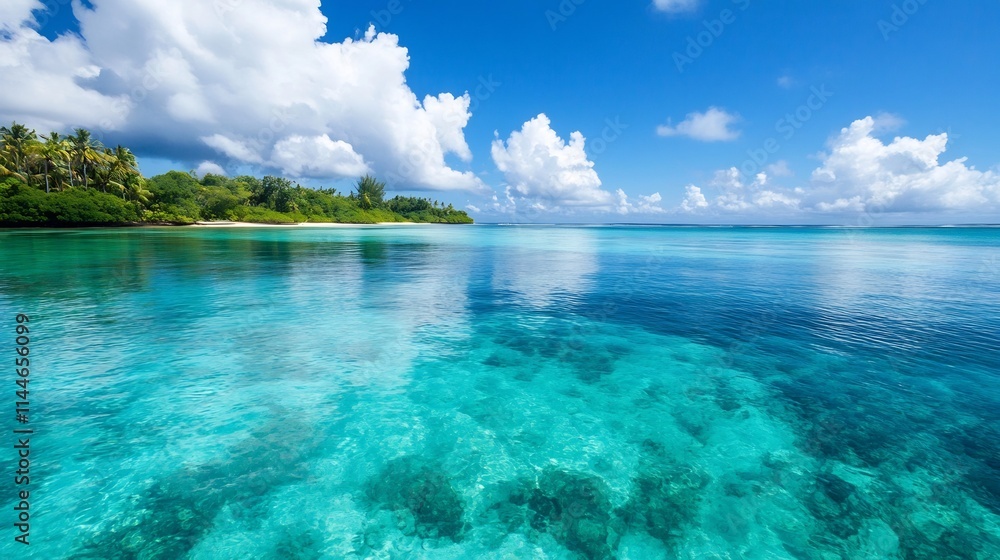 Poster tranquil azure ocean landscape with soft reflection and cloudscape