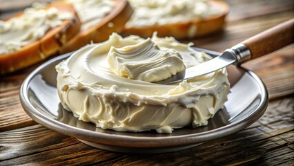 Creamy close-up:  Cheese texture showcased, knife spreading, delectable dairy delight.