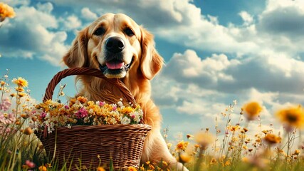 A golden retriever with a basket of flowers gently held in - Powered by Adobe
