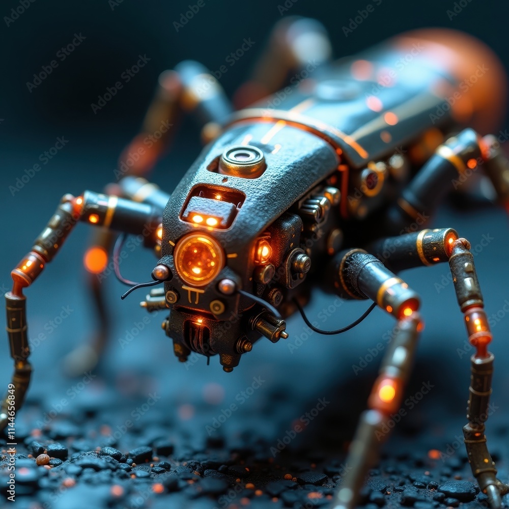 Poster high resolution closeup of a futuristic nanorobot showcasing intricate design and glowing elements a