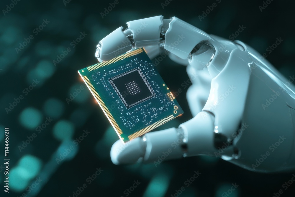 Poster robotic hand holding a computer chip in a futuristic technological environment