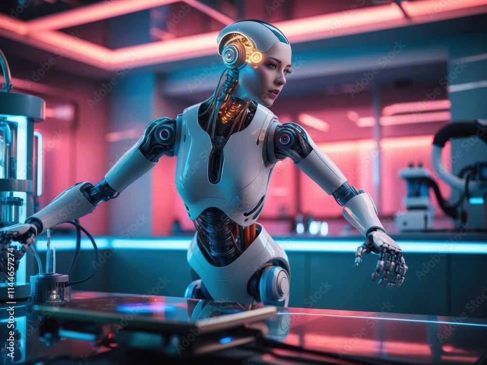 Aufkleber futuristic biomechanical robot working in a high-tech laboratory with vibrant neon lighting and adva