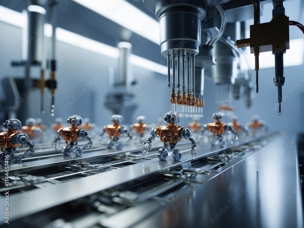 Poster innovative assembly line featuring advanced robots in a hightech manufacturing environment