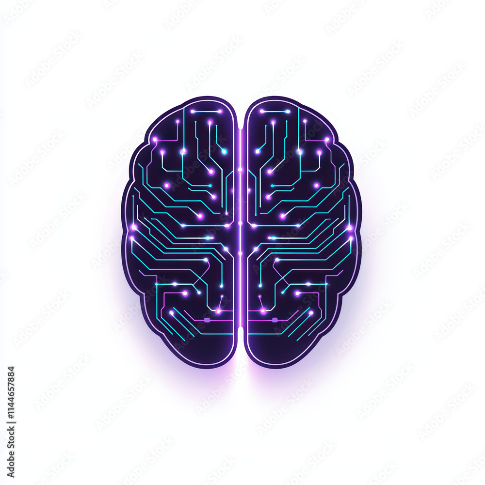 Poster conceptual illustration of human brain with circuit patterns, symbolizing technology and intelligenc