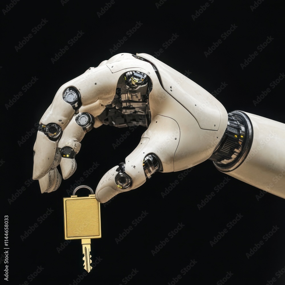 Aufkleber robotic hand holding a golden padlock and key in a display of security and technology