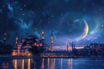Fototapeta premium Islamic landmarks with crescent moon for Ramadan concept photo.