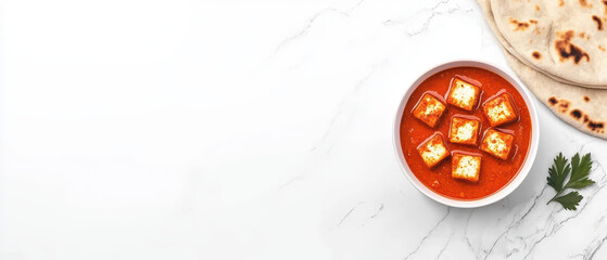 Fototapeta premium Delicious serving of paneer tikka masala with naan bread, perfect for sharing