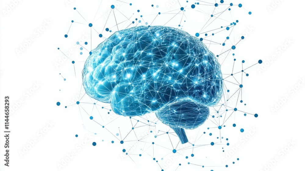Poster digital cyan brain with neural connections on a white backdrop. ideal for ai and technology presenta