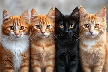 A minimalist composition showcasing cats and dogs standing side by side, facing the camera