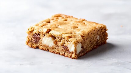 Delicious golden-brown blondie bar with white chocolate chunks, isolated on a marble background.