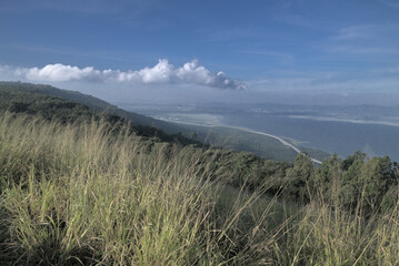 Dry grass field on the mountain in sunny day