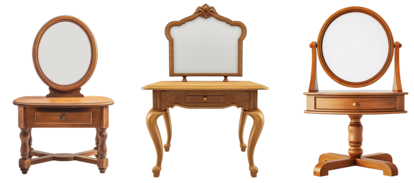 Vintage wooden table top mirror with a blank isolated on a white or transparent background, Cut out PNG