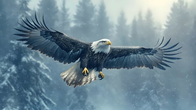 A majestic eagle is soaring through the sky above a snowy forest - Powered by Adobe