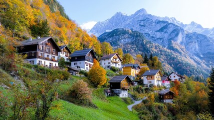 Picturesque autumnal village nestled in a mountain valley.