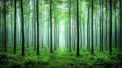 Serene Misty Forest Path  Lush Greenery  Trees  Nature