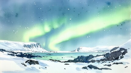 Aurora borealis display over icy landscape arctic region watercolor painting winter night serene atmosphere