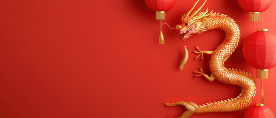 Obraz premium Vibrant dragon art piece with red lanterns, celebrating Chinese New Year. festive atmosphere radiates joy and tradition