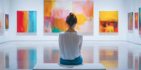 A contemplative woman sitting on a bench in a modern art gallery, viewing vibrant abstract...