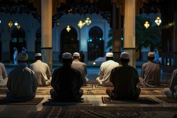 Islamic group prayer during various daily times and Ramadan tradition.