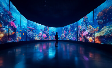 A modern art gallery featuring curved LED screens with vibrant coral reef visuals, viewed from the...