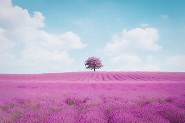 Obraz premium A wide lavender field in full bloom under a bright blue sky, with a lone pink tree standing on the horizon, creating a serene and picturesque landscape.