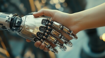 Handshake of robot and human, AI, Machine learning, AI adoption for working to Assistant of business, Data digital Transformation, Science and artificial intelligence technology for futuristic