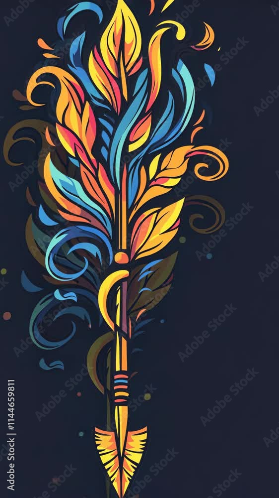 Poster vibrant feather design showcasing intricate patterns and colorful swirls against a dark background