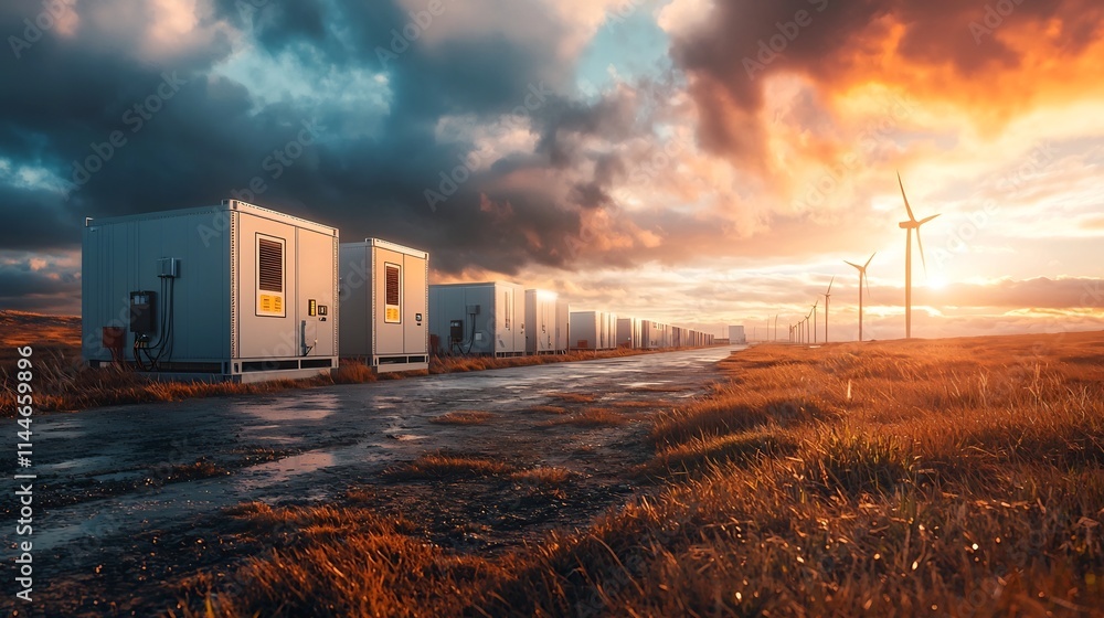 Poster advanced battery storage facility for renewable energy with rows of container sized battery units op