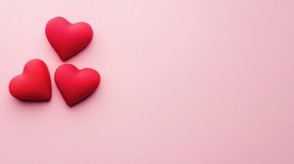 Three red hearts on a soft pink background, symbolizing love and affection.