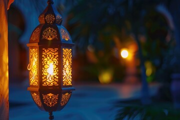 Ramadan Kareem greeting card with glowing lantern and mosque.