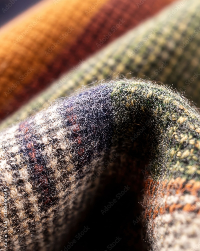 Poster tweed textile texture closeup fabric details indoor setting macro colorful patterns