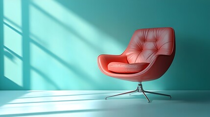 A red leather chair sits in a room with a blue wall