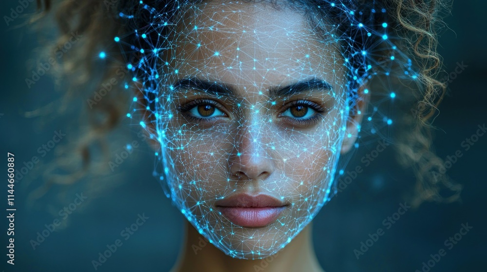 Poster digital face overlay with network connections.