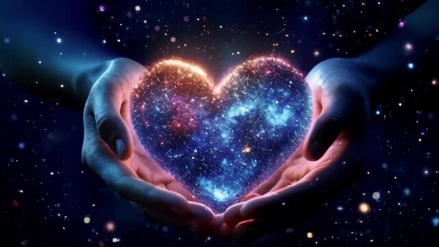 Glowing, cosmic heart cradled in hands, against a backdrop of sparkling stars. Perfect for spirituality, love, and universe themes.. AI Generation