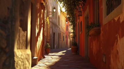 Fototapeta premium Play of light and shadow in a narrow alley of a Mediterranean town, creating an atmospheric and picturesque scene. Perfect for travel, tourism, and cultural exploration