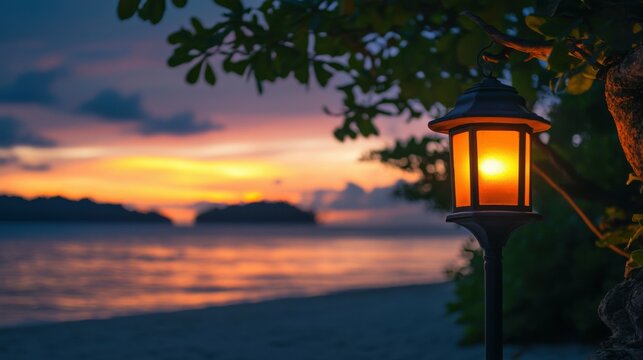 Public classic lights lamp at beach side with landscape view of sunset sky at behinds