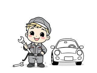 A cartoon boy is holding a wren and a wrenet next to a car. AI Generated
