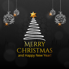 Christmas card with Christmas tree Digital Web banner Background, Snowflakes, Star, Balls. Christmas Social media post, Flyer, Banner. Happy Holiday, Website Banner, Editable Marry Christmas Text
