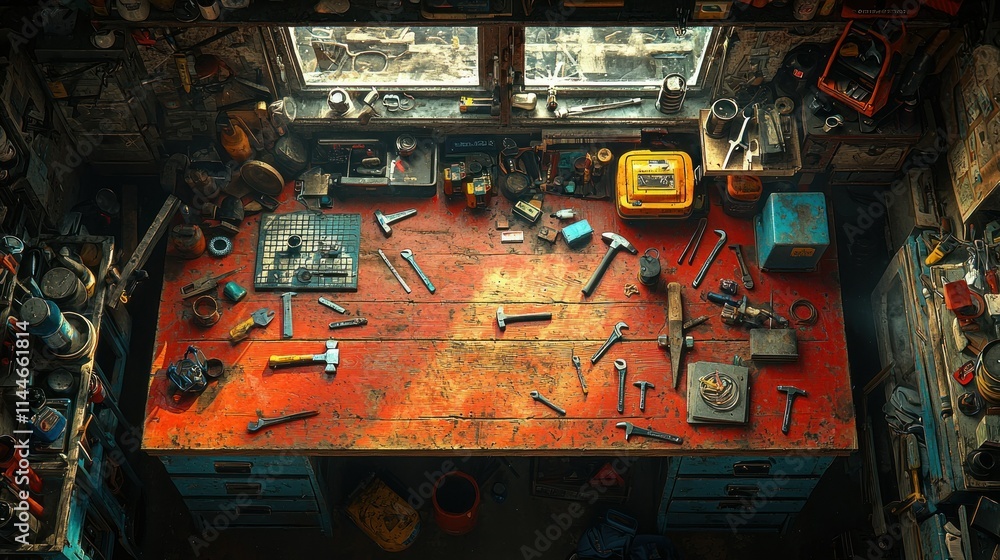 Poster a cluttered workshop table filled with tools and materials.