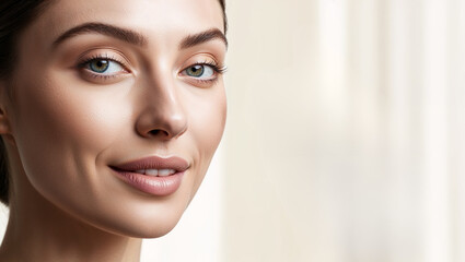 Naklejka premium Skinminimalism: Close-up of a woman’s face with glowing skin