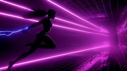 Woman running through neon lit futuristic corridor.