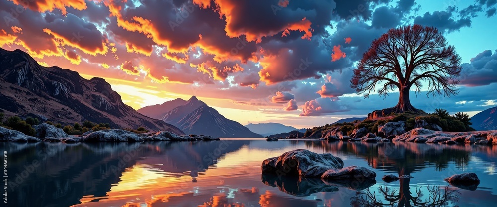 Poster a beautiful landscape with a large tree in the foreground and mountains in the background. the sky i