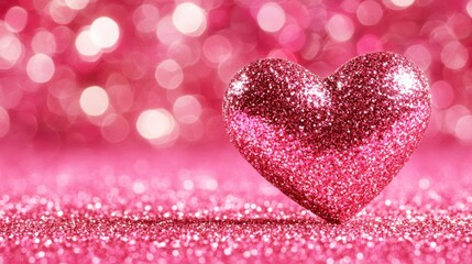 Obraz premium A shiny pink glitter heart on a sparkling background, symbolizing love and affection in a vibrant, festive atmosphere.