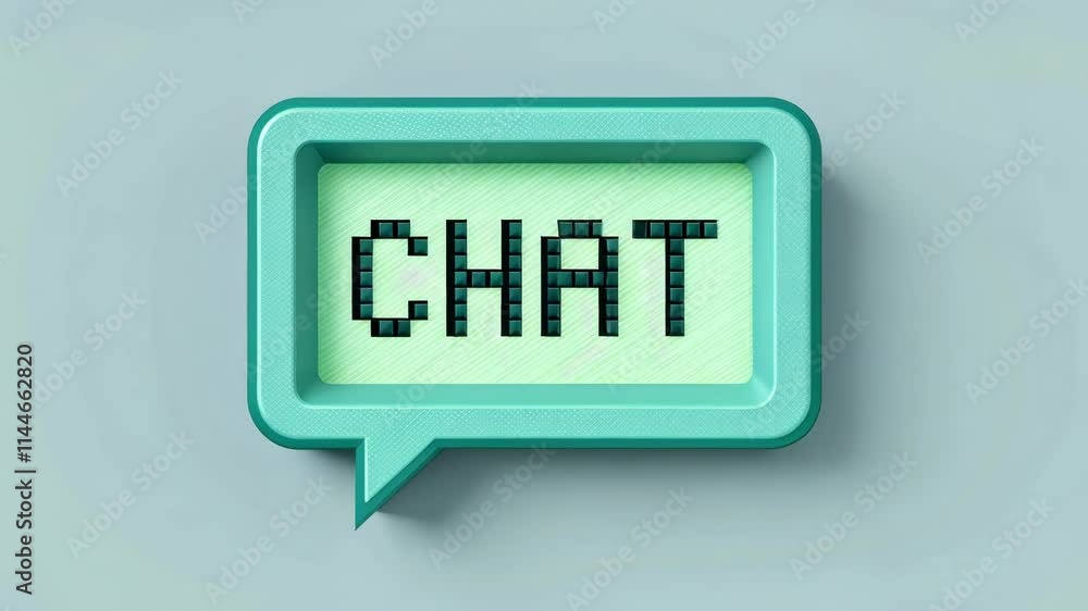 Poster blocky chat window a square chat bubble filled with a light mint green shade. inside large pixelated
